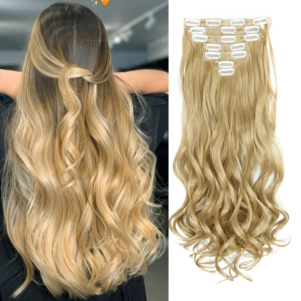 Clip-In Hair Extensions, 7-Piece Full Head 22-Inch Long Curly Wavy Synthetic Hair Extensions for Women and Girls