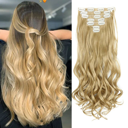 Clip-In Hair Extensions, 7-Piece Full Head 22-Inch Long Curly Wavy Synthetic Hair Extensions for Women and Girls