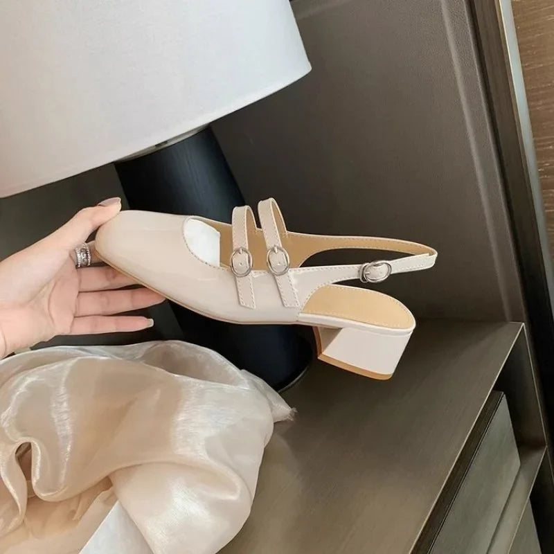 2025 Women’s Burgundy Mary Jane Shoes – Square-Toe Patent Leather Chunky Heel with Double Buckle