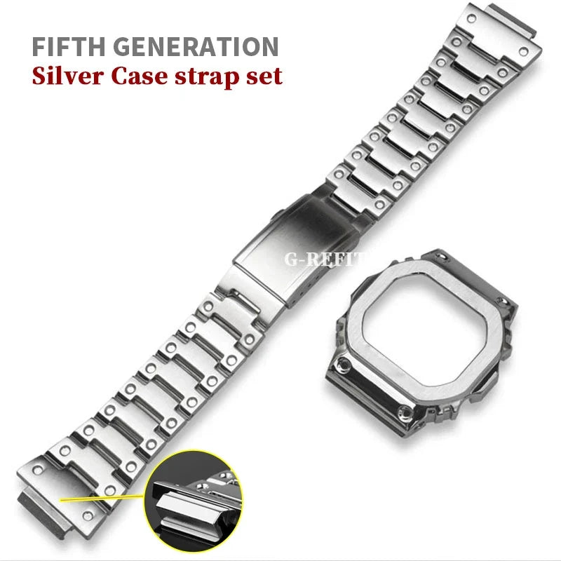 G-Refit V6.0 DW5600 Metal Bezel Kit - Stainless Steel Watch Band Strap & Case Accessories with Tools for GWB5600/GWM5610