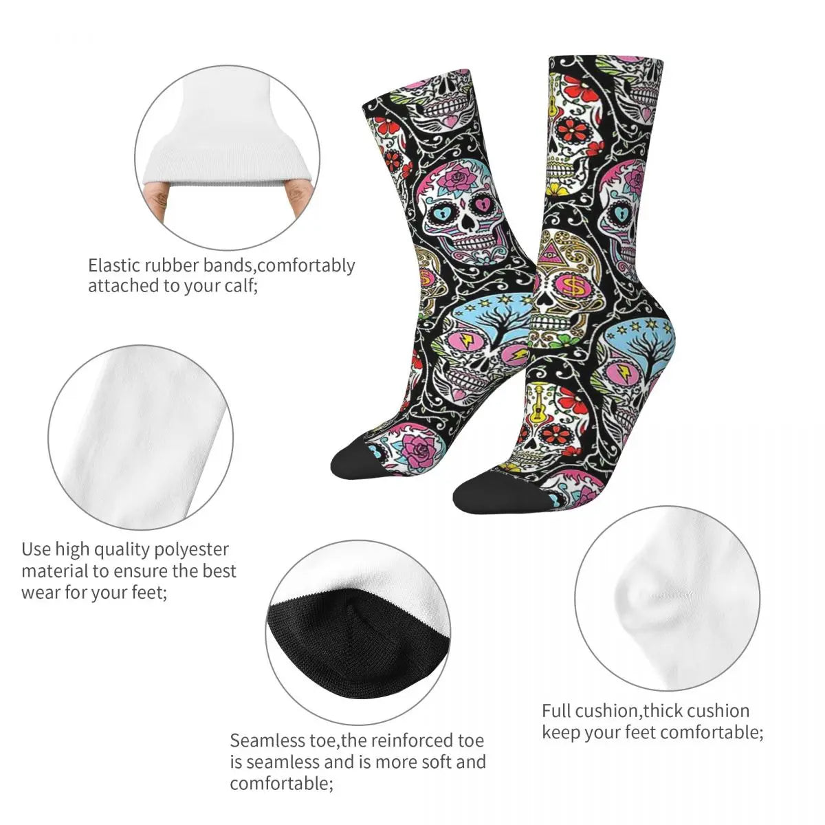 Funny Men’s Socks – Mexican Skull Vintage Harajuku Skeleton Hip Hop Crew Socks with Printed Pattern