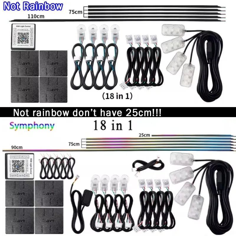 10/14/18-in-1 LED Car Ambient Lights – 213 64 Color RGB Bluetooth Rainbow Acrylic Strips, Atmosphere Lamp Kit 12V