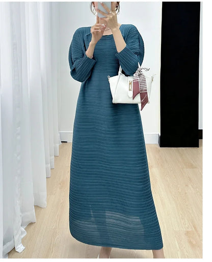 2023 Women's Miyake Pleated Long Dress – Full Sleeve, Round Neck, Korean Fashion, Plus Size Summer Style