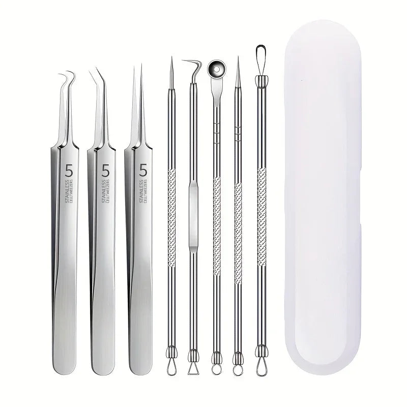 1/3/8PCS Stainless Steel Blackhead Removal Tool Set – Facial Tweezers, Acne Needles & Beauty Blackhead Removers
