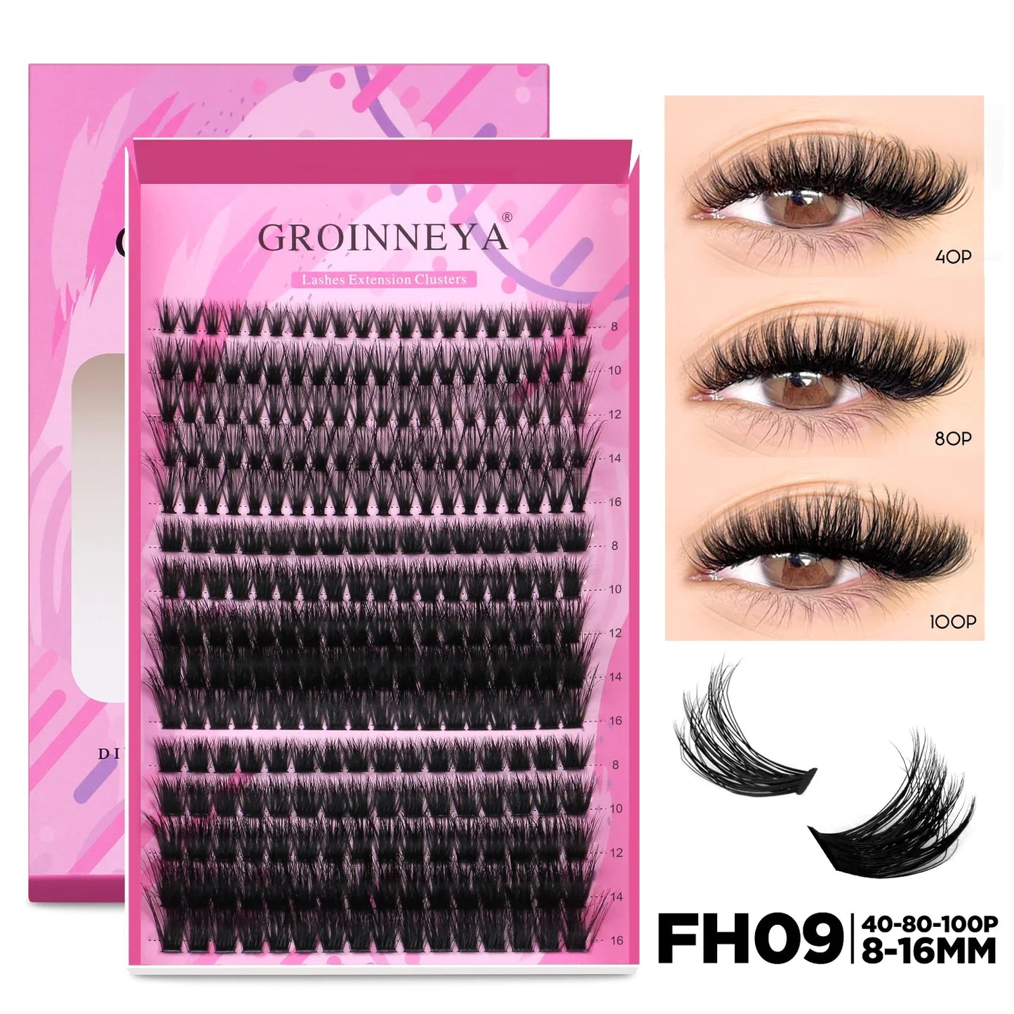 GROINNEYA DIY Lash Extension Kit – Cluster & Individual Lashes Set with Lash Bond & Seal for At-Home Eyelash Extension Makeup