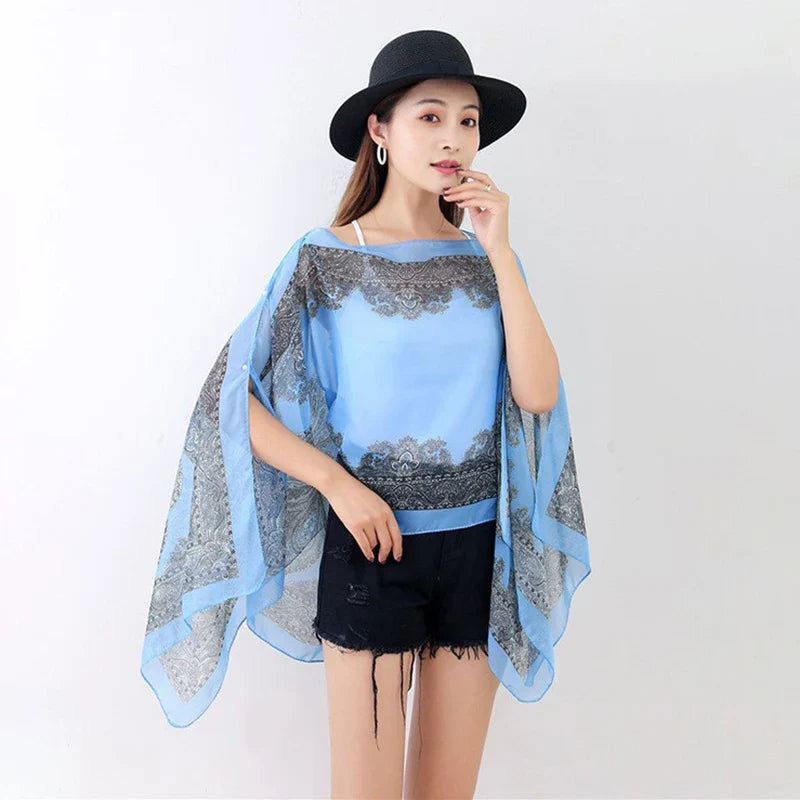 Women’s Summer Beach Shawl – Loose Chiffon Bikini Cover-Up Blouse with Buttons Sun Protection Scarf