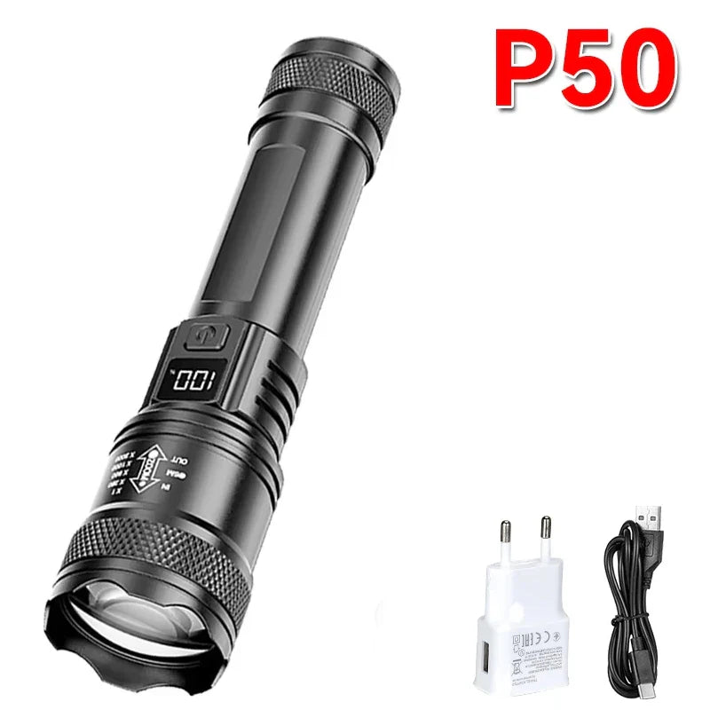 2000LM Ultra Bright P50 LED Tactical Flashlight – Telescopic Zoom Handheld Torch EDC Emergency Spotlight (14500/18650 Battery Compatible)
