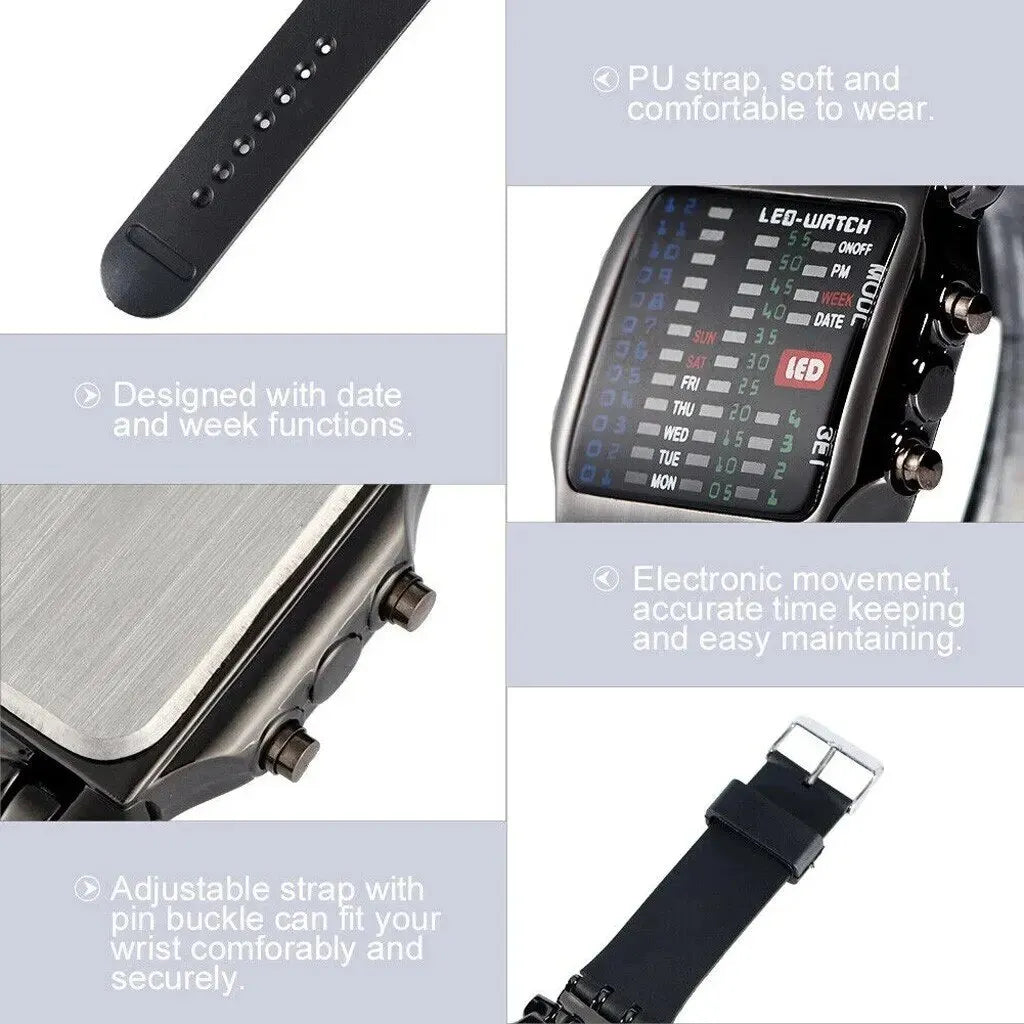 Binary LED Watch – Creative Waterproof Business Electronic Watch for Men, Luminous Sports Couple Gift with Date and Time Display