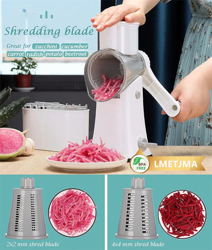 LMETJMA 5-in-1 Rotary Cheese Grater — Vegetable Mandoline, Julienne Slicer & Nut Chopper