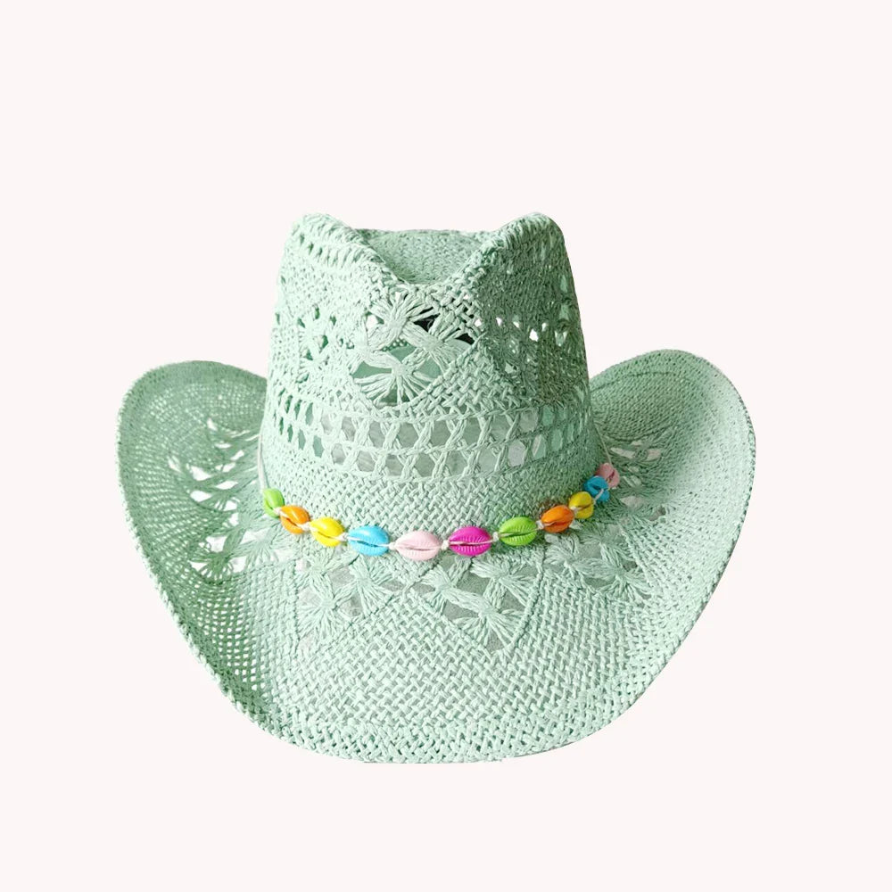 Melesh Western Women's Mint Green Cowboy Hat – Straw, Wide Brim, Plasticity Strong for Sunshine & Beach Wear