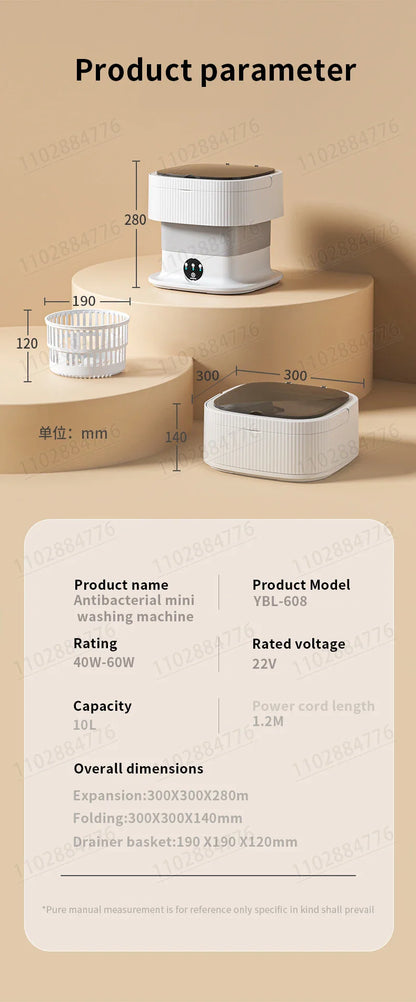 10L High-End Foldable Portable Washing Machine – Large Capacity with Blue Light, Timed Washing & Dehydration