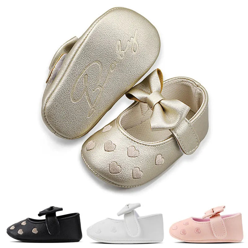 Baby Girls Bow-Knot Heart First Walker Shoes - Soft Anti-Slip Sole Dress Shoes for Infants 0-18M
