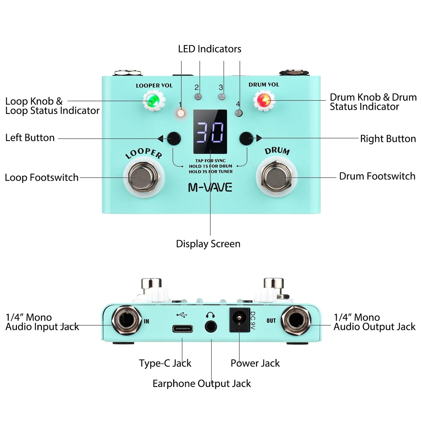M-VAVE LOST TEMPO Effect Pedal – 2 in 1 Drum & Looper Mini Pedal with Double Footswitch, Drum Machine Pedal