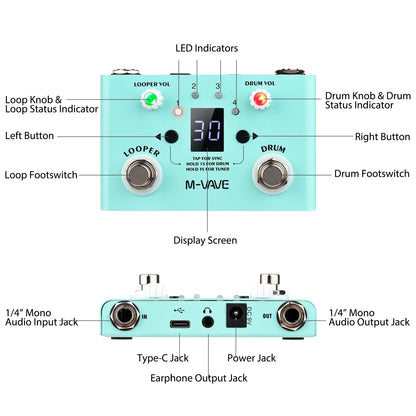 M-VAVE LOST TEMPO Effect Pedal – 2 in 1 Drum & Looper Mini Pedal with Double Footswitch, Drum Machine Pedal