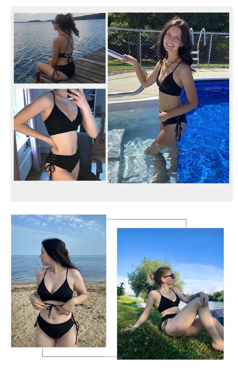 Cikini V-Neck Split Bikini Set – Sexy Lace-Up Triangular Solid Color Swimwear for Women