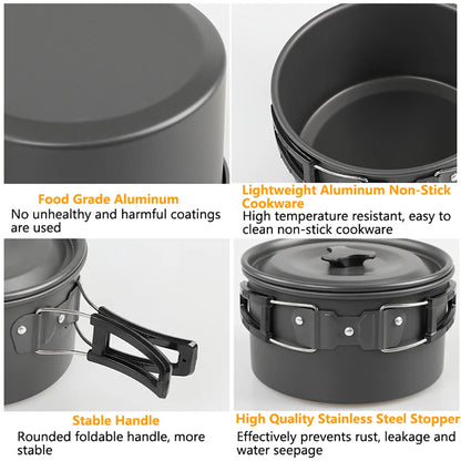 Camping Cookware Set — Non-Stick Cooking Pots, Teapot & Travel Tableware for 2-3 People, Outdoor Picnic Set
