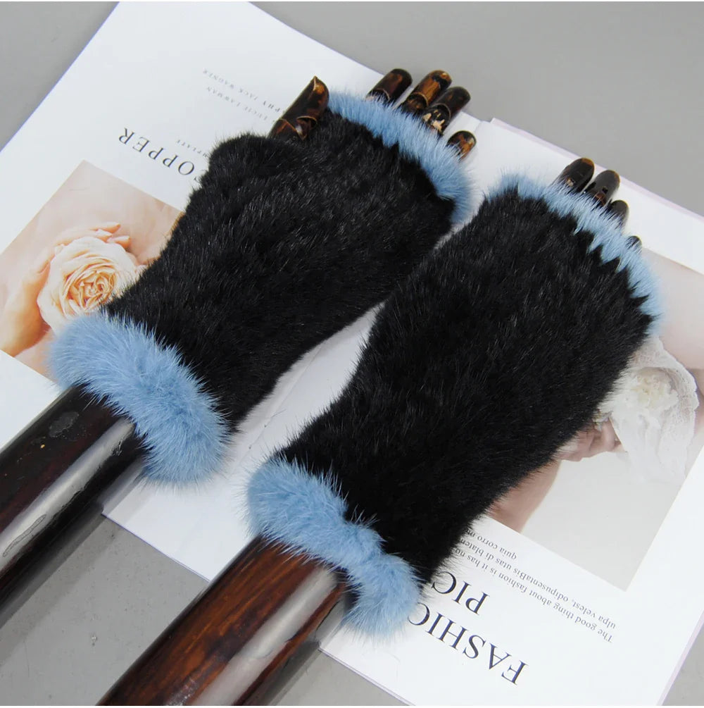 Women’s Winter Mink Fur Gloves – 100% Natural Fingerless Knitted Mittens for Warmth