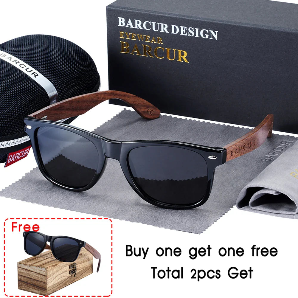 BARCUR Black Walnut Wood Polarized Sunglasses for Men – High-Quality Square UV400 Eyewear with Original Box