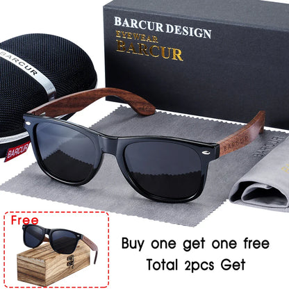 BARCUR Black Walnut Wood Polarized Sunglasses for Men – High-Quality Square UV400 Eyewear with Original Box