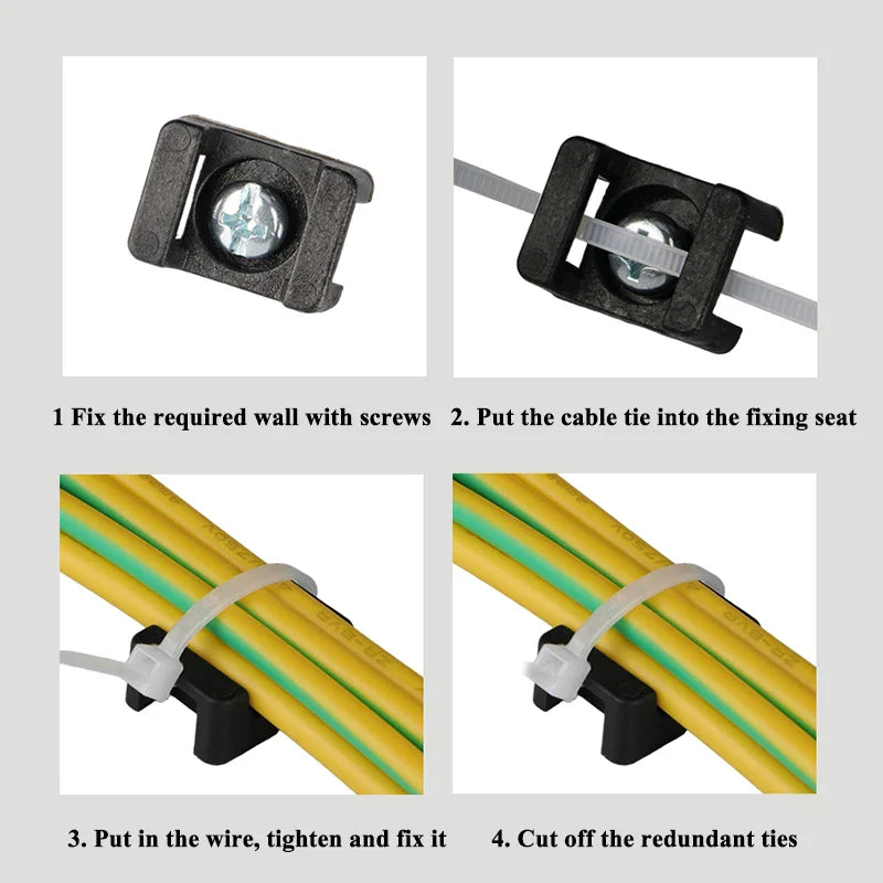 100Pcs Cable Tie Mount Base - Plastic Fixed Saddle Wire Holder for USB Charging & Data Line Winder | HC-2 HC-4 Zip Ties