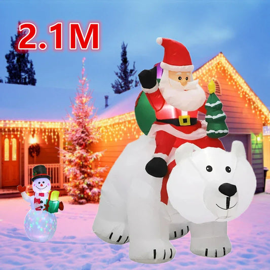 2.1M Inflatable Santa Claus Riding Polar Bear – LED Luminous Toy for Indoor and Outdoor Christmas Holiday Courtyard Decoration