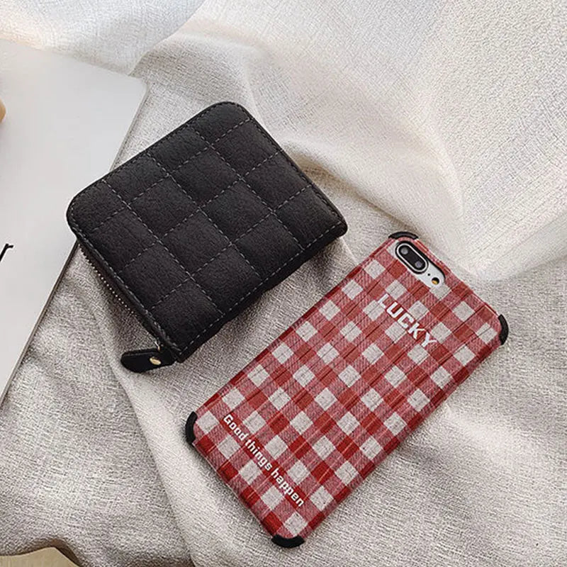 Women’s Small PU Leather Zipper Wallet with Coin Purse – Cute Plaid Mini Korean Card Holder, New Arrival