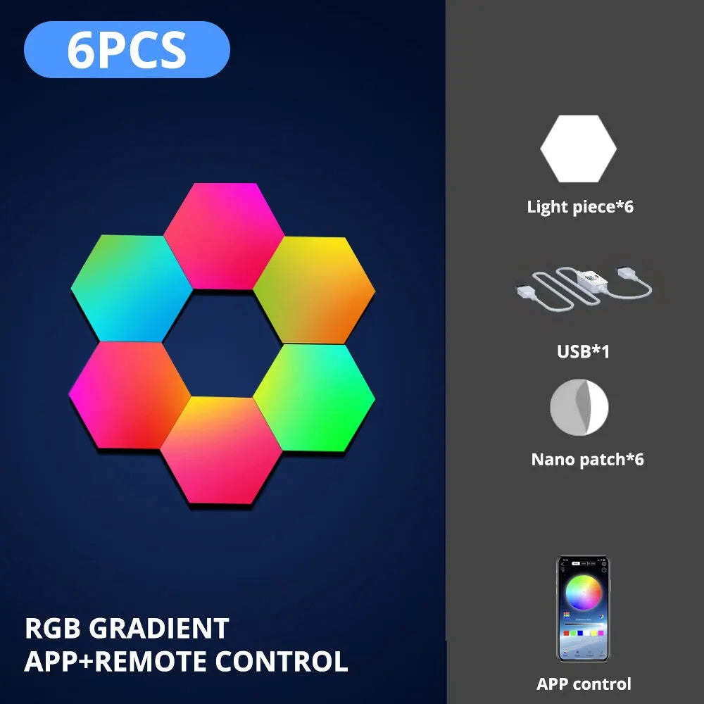 RGB Hexagonal Smart Wall Lamp – Color Changing DIY Modular Night Light with Music Sync & App Control for Bedroom & Game Room