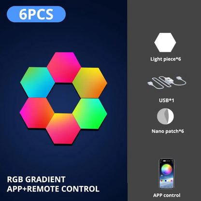 RGB Hexagonal Smart Wall Lamp – Color Changing DIY Modular Night Light with Music Sync & App Control for Bedroom & Game Room