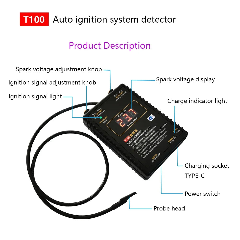 T100 Auto Ignition System Tester — 12V/24V Detector for Ignition Signal & Spark Voltage Testing
