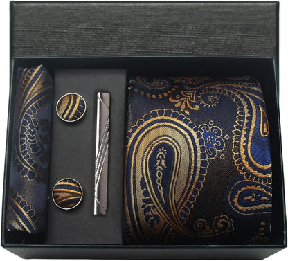 100% Silk Paisley Floral Necktie Set for Men - Premium Business Tie with Pocket Square Tie Clip Cufflinks Gift Box
