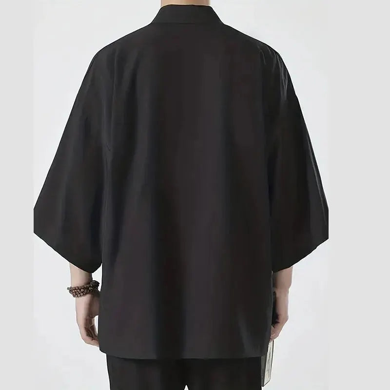 Men’s Casual Open Stitch Shirt - Lightweight Black Yukata Cardigan with 3/4 Sleeves for Summer Vacation