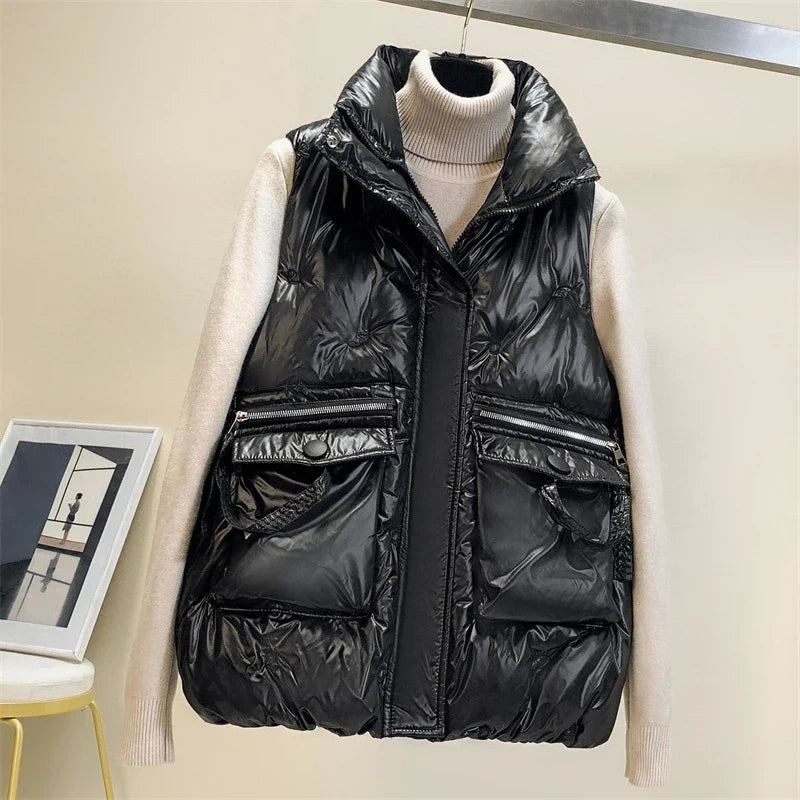 Women's Sleeveless Puffer Vest - Short Bright-Finish Winter Down Cotton Waistcoat Jacket