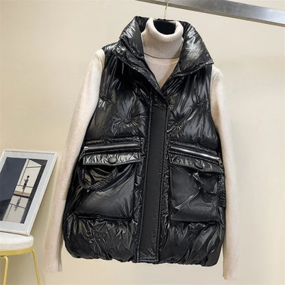 Women's Sleeveless Puffer Vest - Short Bright-Finish Winter Down Cotton Waistcoat Jacket