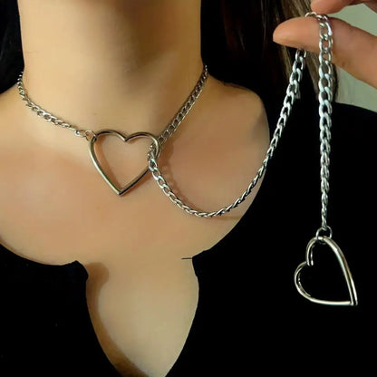 Adjustable Stainless Steel Cuban Link Necklace - Heart O Ring Punk Rock Chain Jewelry for Daily Party Wear