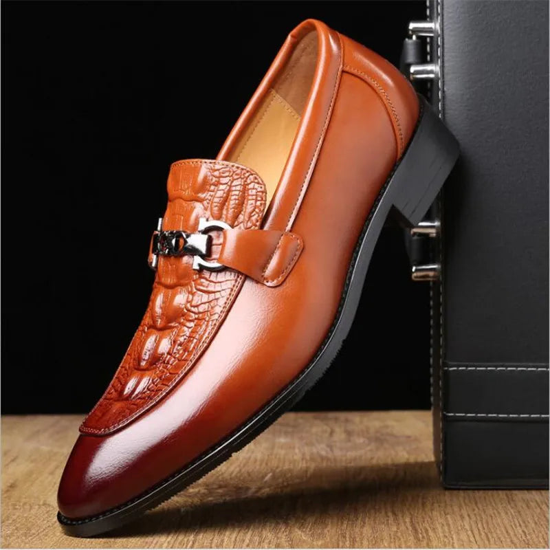 Men's Crocodile Grain Leather Loafers - Slip-On Business Office Wedding Party Dress Shoes with Buckle Flats
