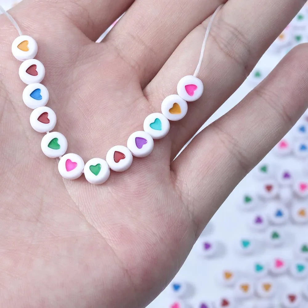 100Pcs 7mm Acrylic Flat Round Beads – Colorful Heart Pattern Spacer Beads for DIY Bracelet & Earring Jewelry Making Supplies