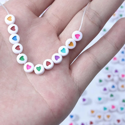100Pcs 7mm Acrylic Flat Round Beads – Colorful Heart Pattern Spacer Beads for DIY Bracelet & Earring Jewelry Making Supplies