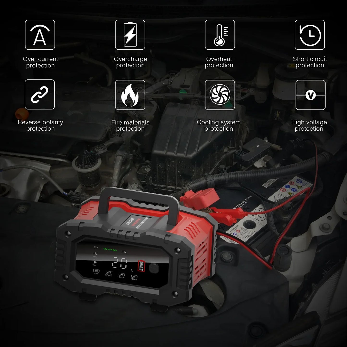 12V/24V Fully Automatic Smart Battery Charger — 7-Segment Pulse Repair for AGM, GEL, WET Lead-Acid Car Batteries