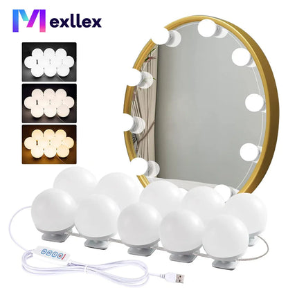 LED Vanity USB Mirror Light — 10 Dimmable Bulbs, 3000/4000/6500K with 10-Level Brightness for Makeup & Dressing Room