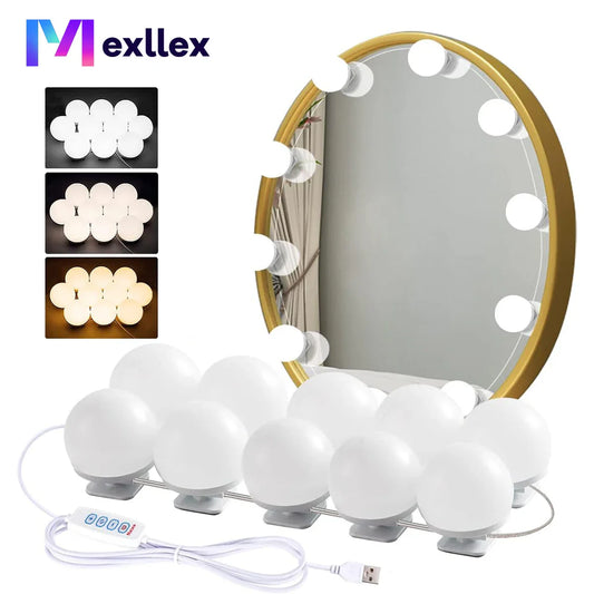 LED Vanity USB Mirror Light — 10 Dimmable Bulbs, 3000/4000/6500K with 10-Level Brightness for Makeup & Dressing Room
