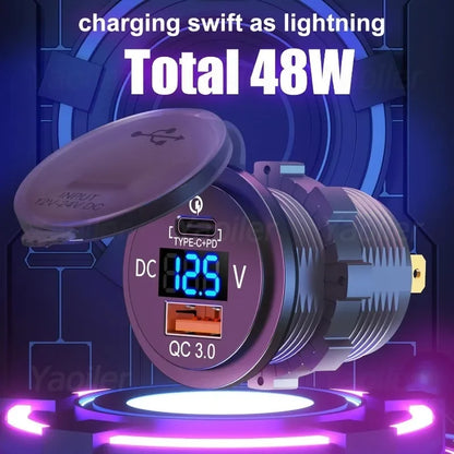 48W Quick Charge 3.0 Waterproof USB Car Charger 12V/24V PD Type-C + QC3.0 Dual USB Fast Charging Socket with LED Voltmeter for Cars, Trucks & Boats