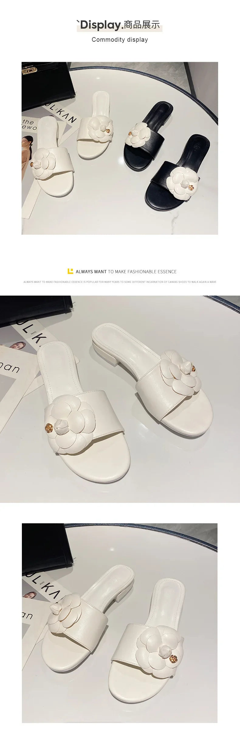 Luxury Women’s Flower Slippers — Camellia Open-Toe Slides for Home & Outdoor, Ladies Flip Flop Sandals