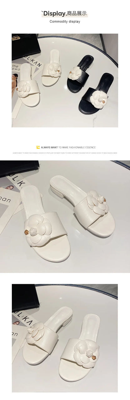 Luxury Women’s Flower Slippers — Camellia Open-Toe Slides for Home & Outdoor, Ladies Flip Flop Sandals