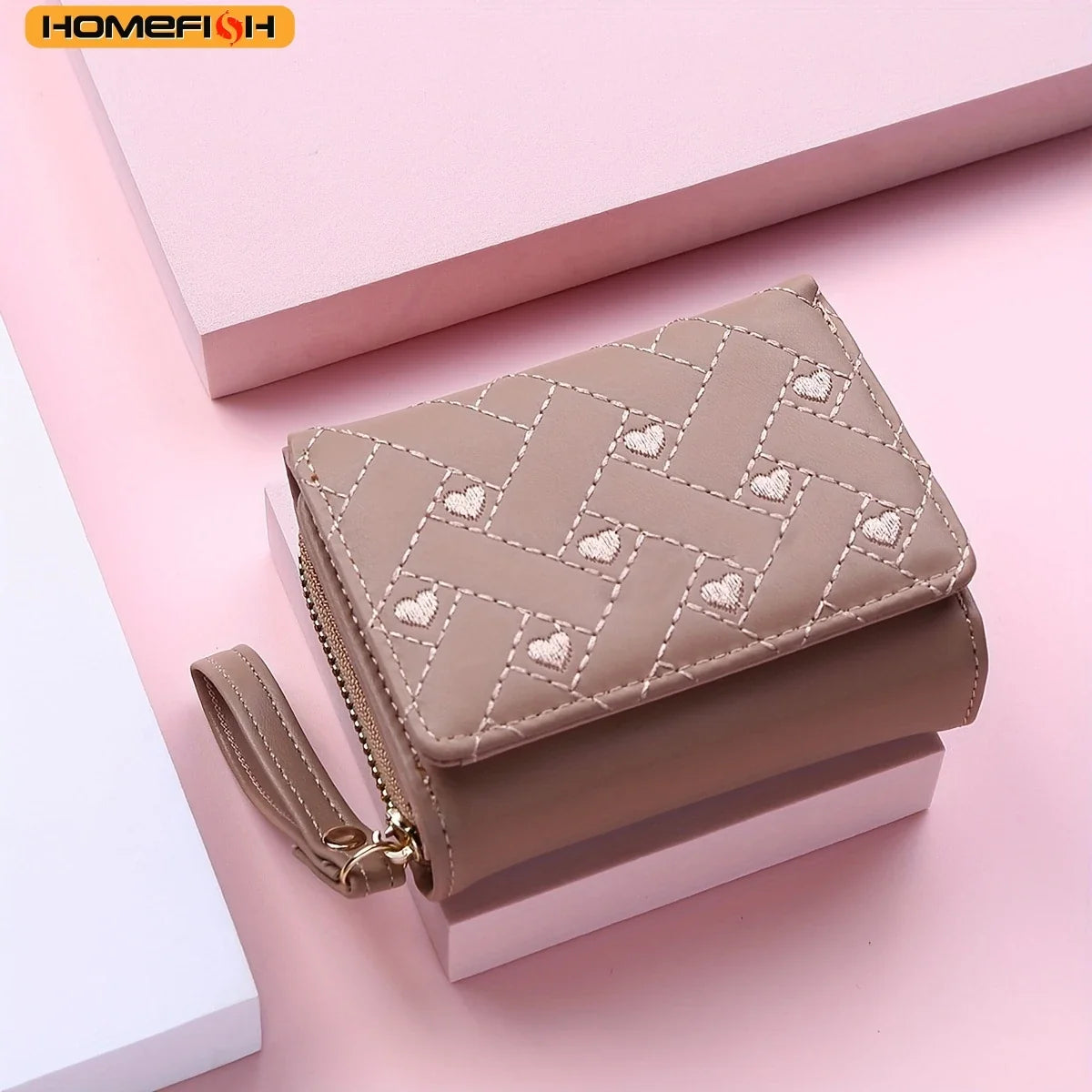 Women’s Mini Wallet - Embroidered Love Pattern Zipper Card Holder with Large Capacity