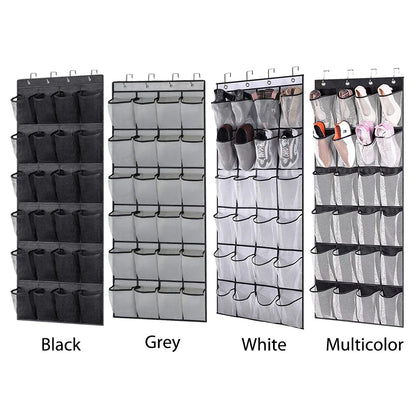 24-Pocket Clear-View Hanging Shoe Organizer with 4 Metal Hooks — Over-the-Door Wall Storage Bag