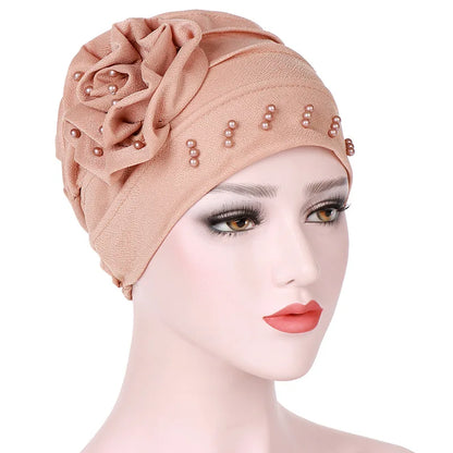 2024 Pearl Embellished Muslim Turban Beanie for Women – Elastic Hijab Headwrap with Flower Chemo Cap