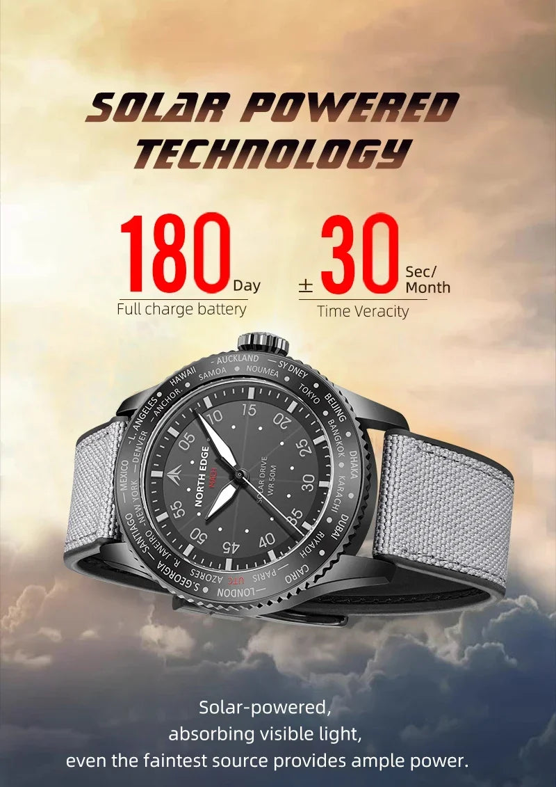 NORTH EDGE MACH 2024 Solar Powered Men's Watch – Dual Time Zone Waterproof Pilot Watch with TPR Nylon Strap