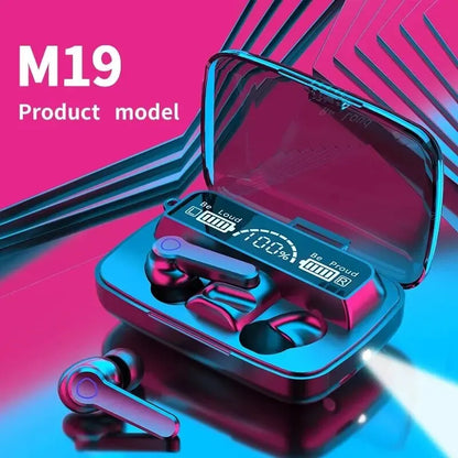 M19 Bluetooth Wireless Headset – TWS Gaming Earbuds with Noise-Cancelling, Touch Control & Mini Emergency Power Bank