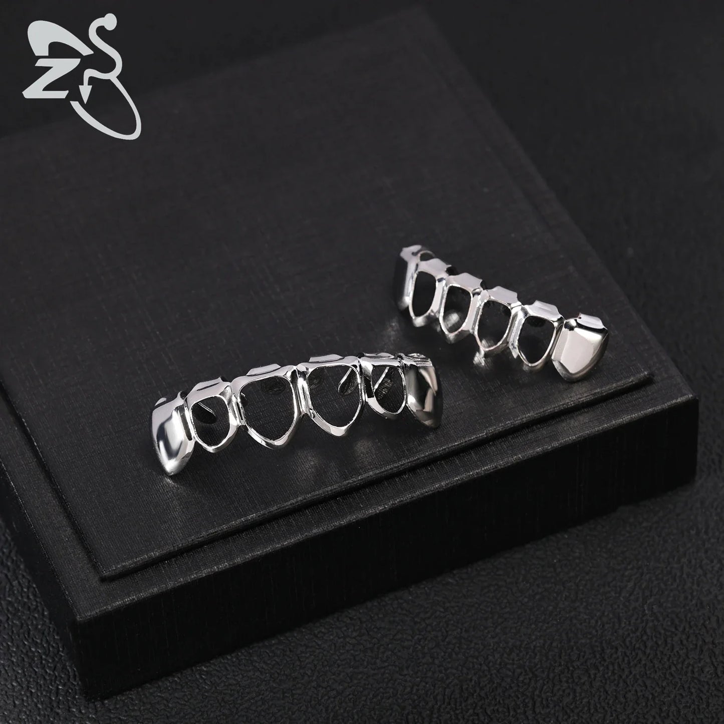 ZS Hip Hop Grillz – Silver/Gold Plated CZ Crystal Cross & Rose Star Tooth Cap, Top & Bottom Set