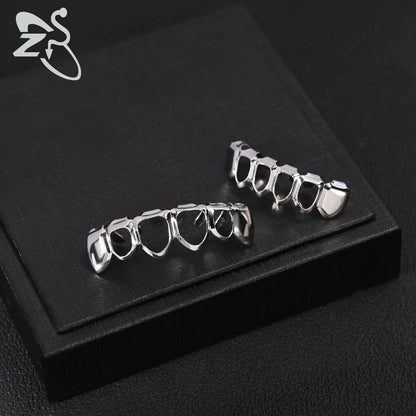 ZS Hip Hop Grillz – Silver/Gold Plated CZ Crystal Cross & Rose Star Tooth Cap, Top & Bottom Set
